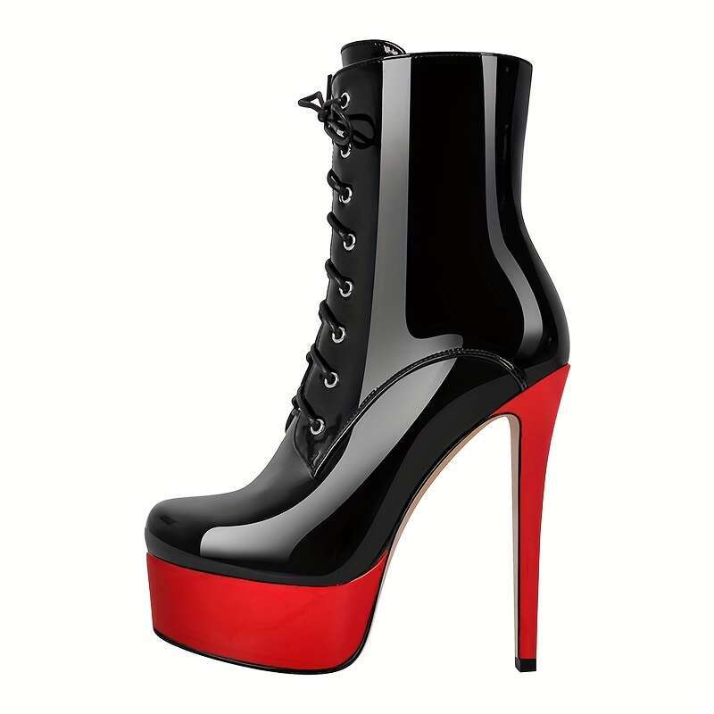 Women's Black Faux Cover High Heel Ankle With Side Zipper, Red Sole Lace-Up Detail - Stylish Platform Short Boots For Parties & Events