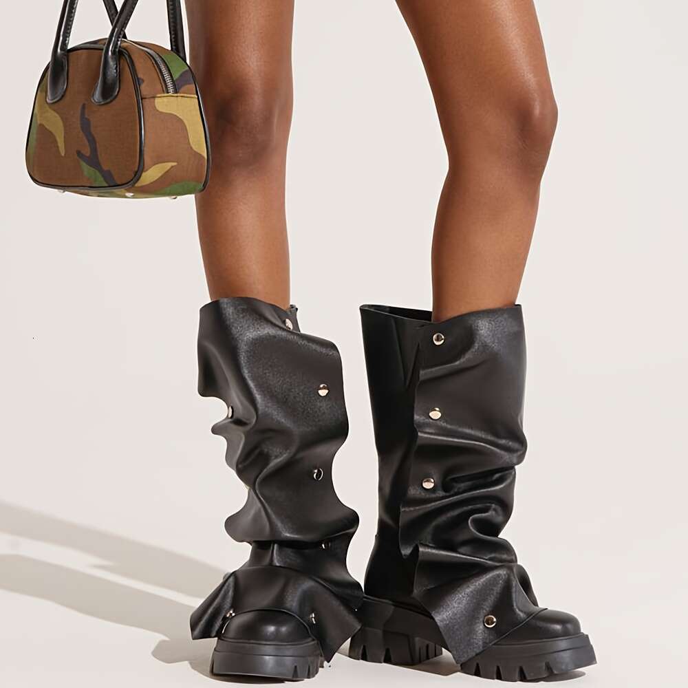 Trendy Women's PU Cover Pleated Loose Round Toe Pull-On Mid-Calf Platform With Thick Rubber Sole - Winter Nightclub Party Boots For Dresses, Soli