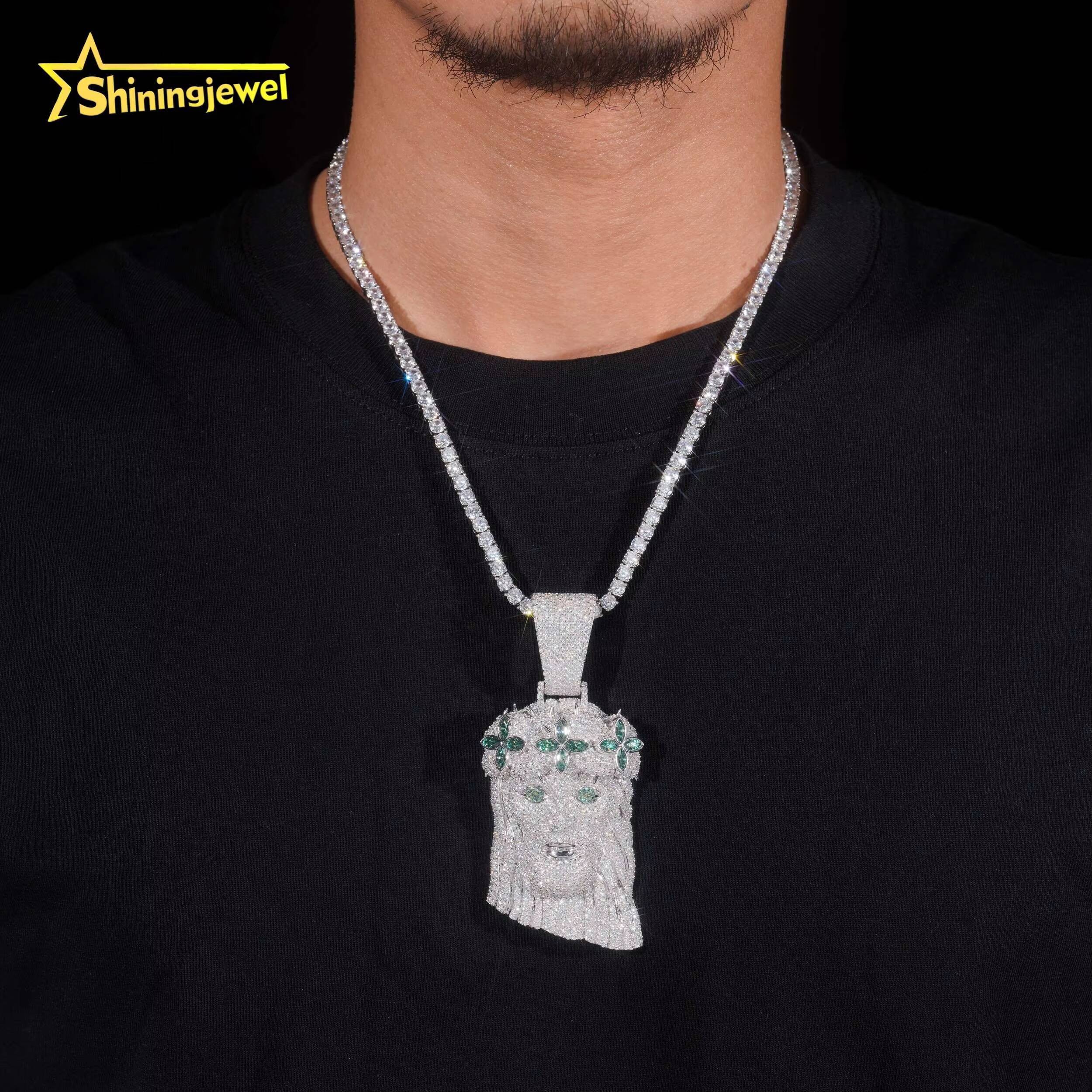 Iced Out Jewelry Custom Blue Green Hip Hop 925 Silver Pendants Men Moissanite Jesus Piece Pendant