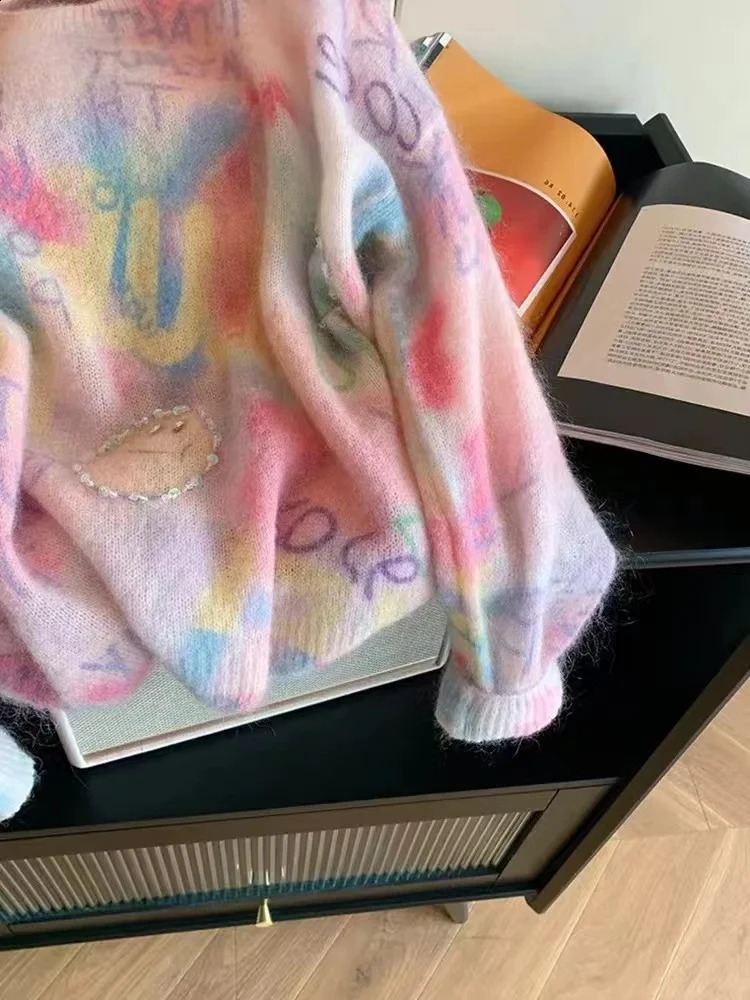 Fashion Lazy Autumn Letters Printed Soft Loose Sweater Tops Casual Women O Neck Knitted Mohair Diamonds Knitwear Pullovers 251027