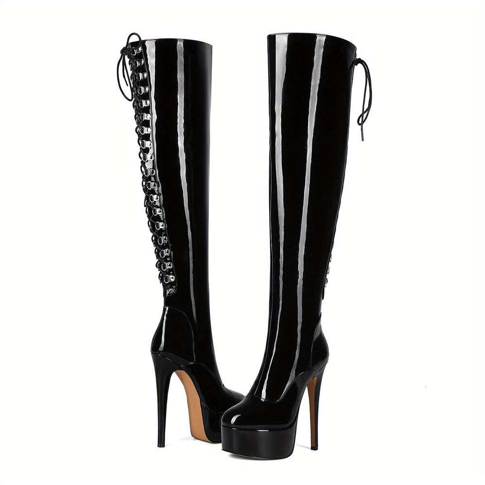 Women's Quality Cover-Like High-Heeled Platform Knee-High With Lace-Up Closure Glossy Cover/Fabric Lining Stiletto Heel Arch Tapered Leg Boot For