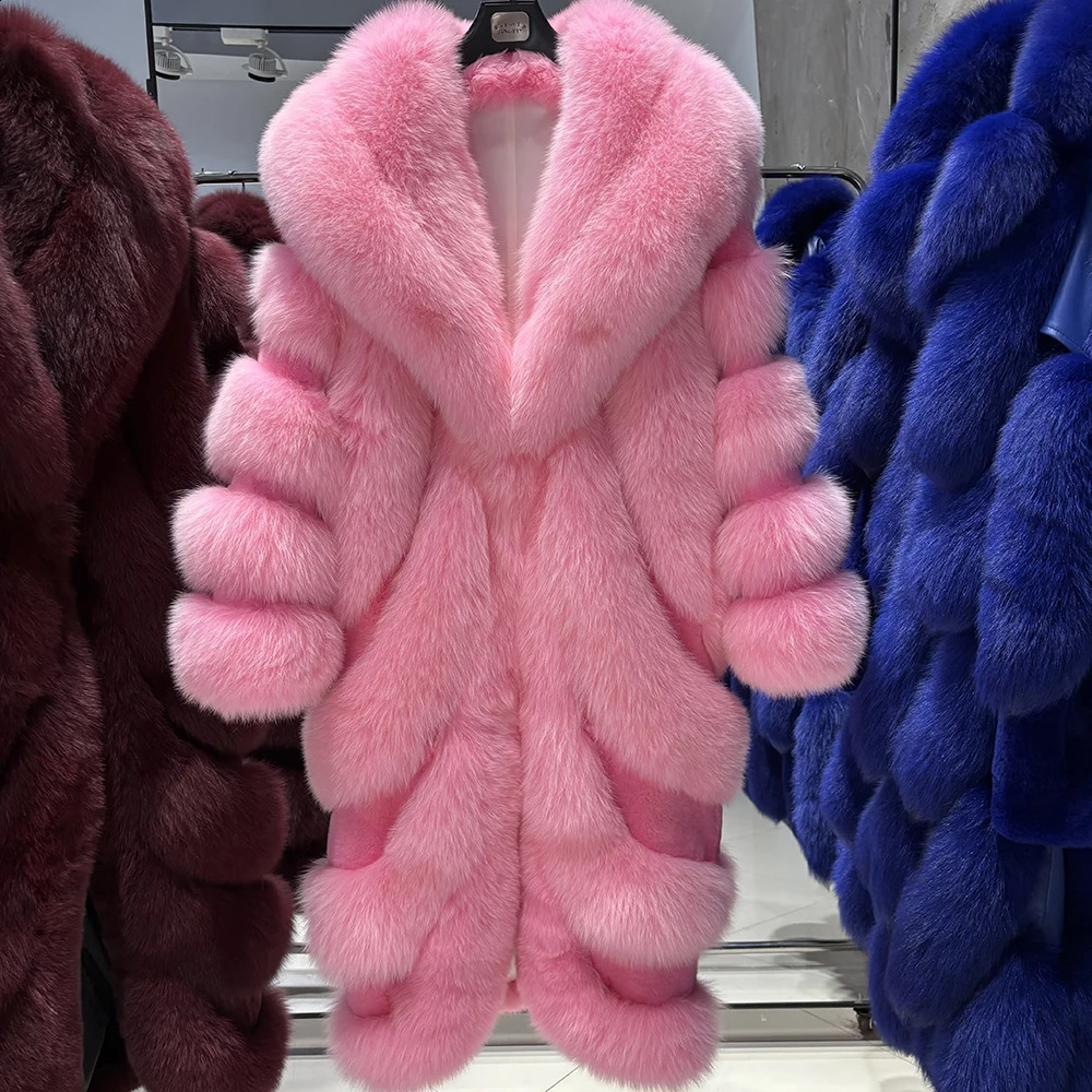 YOLOAgain 2025 Winter Warm Real Fox Fur Coat Women Pink Fox Fur Jacket Long 251027