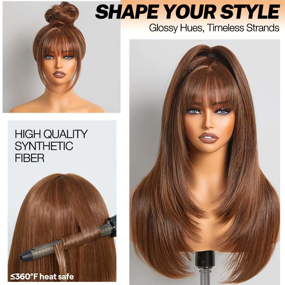 Chic Layered Straight Wig With Bangs - Brown Synthetic Hairpiece Women, Glueless Pixie Cut, Density Rose Net Cap, Perfect For Daily Use & High-Tempera
