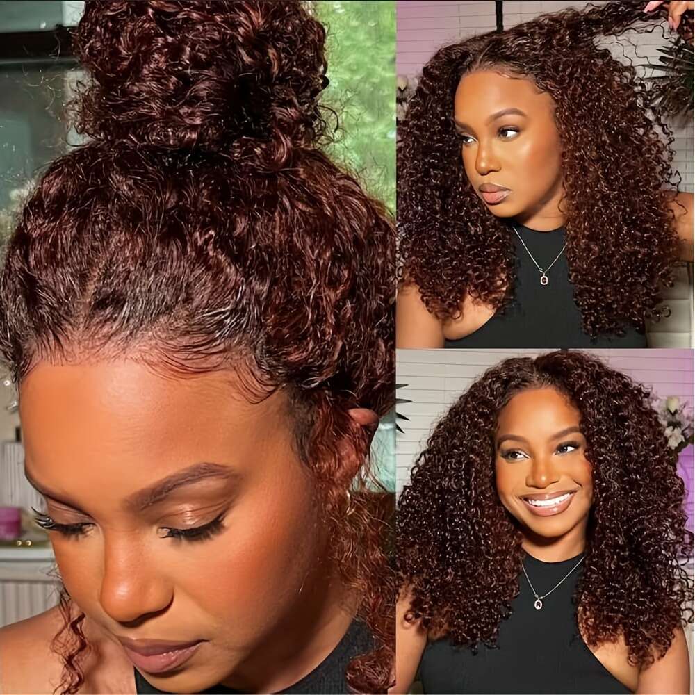 KLAIYI Reddish Brown 33B Jerry Curly 13X4 HD Lace Front - Glueless Pre-Plucked With Baby & Bleached Knots, 150% Density Brazilian Human Hair Wig For W