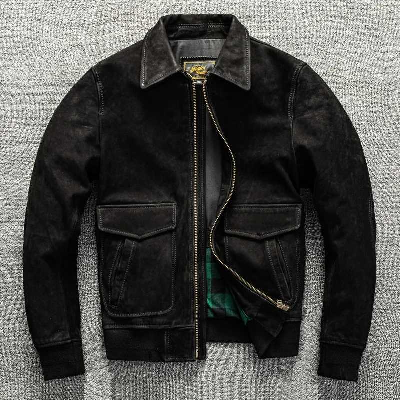 Heavy Water Wash Uncoated Mixed Breed Top Layer Goat Skin Genuine Leather Jacket G1 Flight Suit Jacket for Men J251028