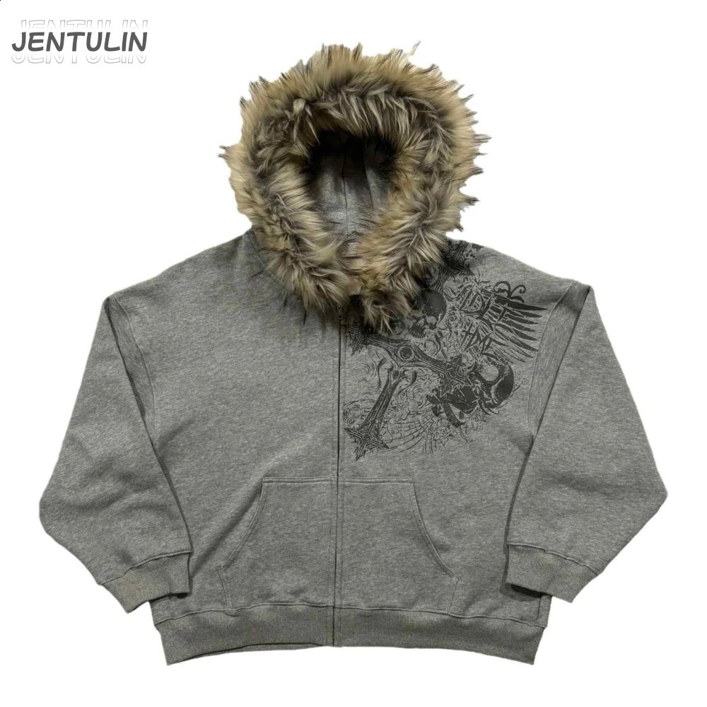 Y2K Retro Zip up Hoodie Faur Collar Harajuku Streetwear Hip Hop Zipper Sweatshirt Hoodies Unisex Rock Goth Loose Punk EMO Jacket 251027