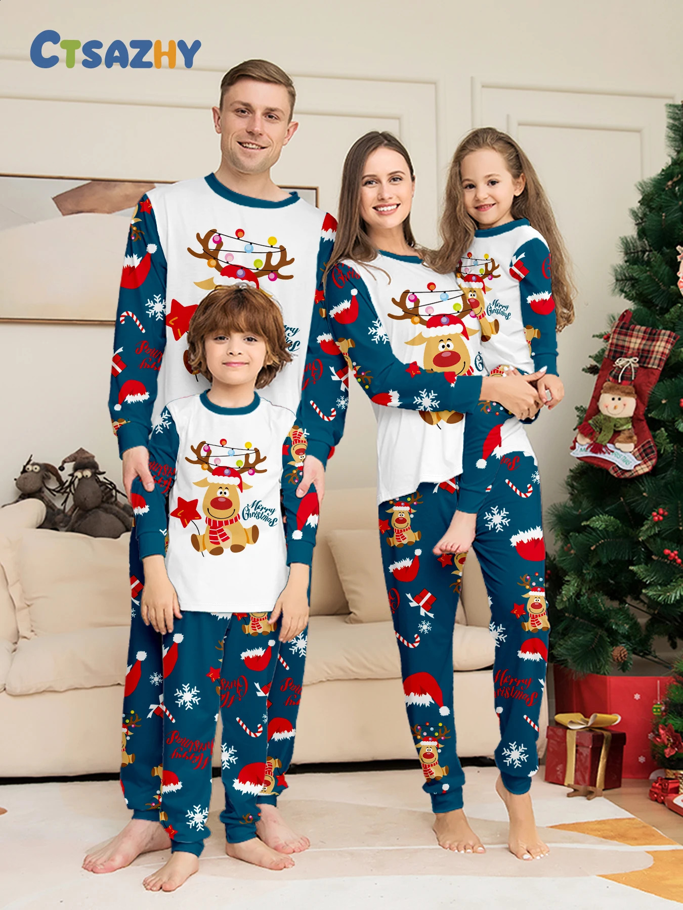 Christmas Family Pajamas Matching White Navy Set with Reindeer Lights Prints 251027