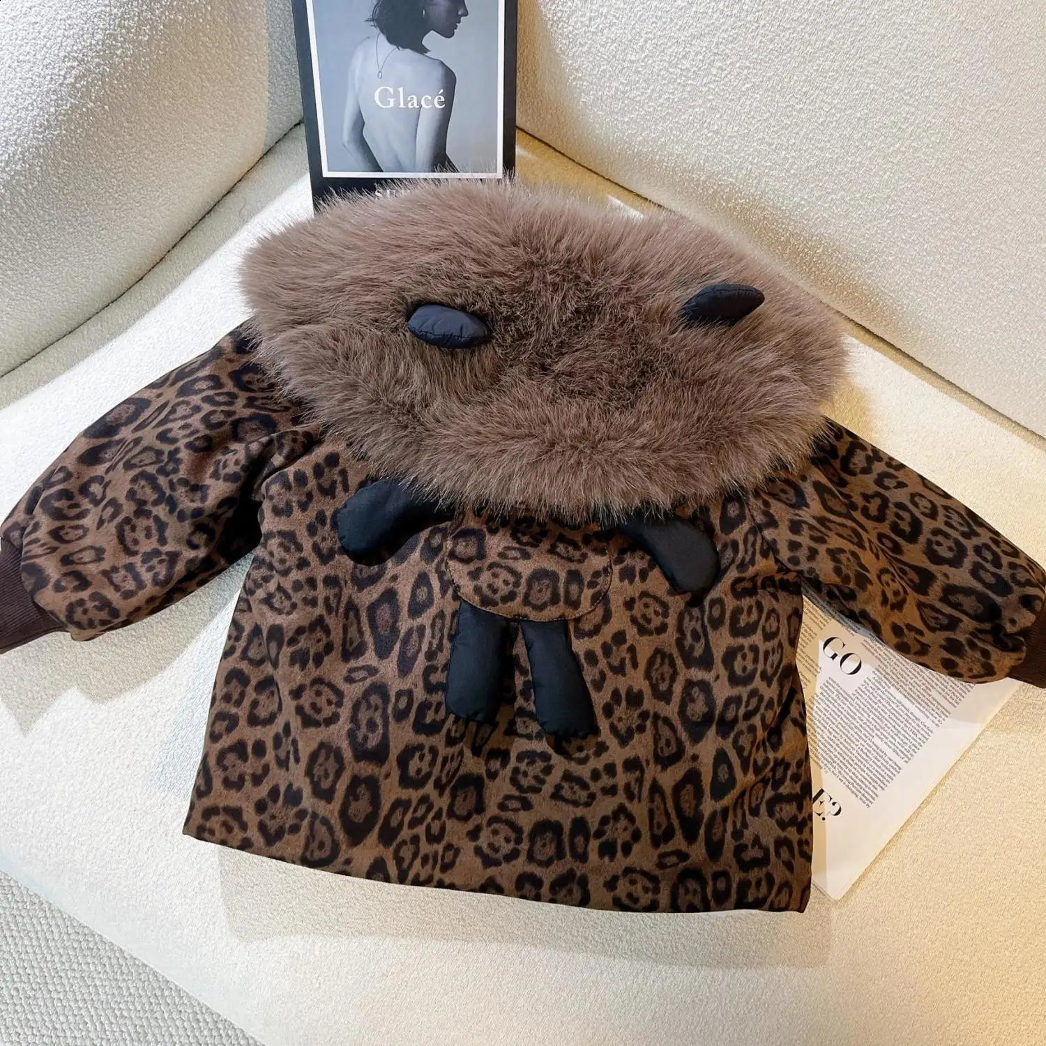 Babys Winter Korean Version Childrens Jacket Girls Leopard Print Plus Velvet Thick Coat Stylish Fur Collar Velvet Coat 251023