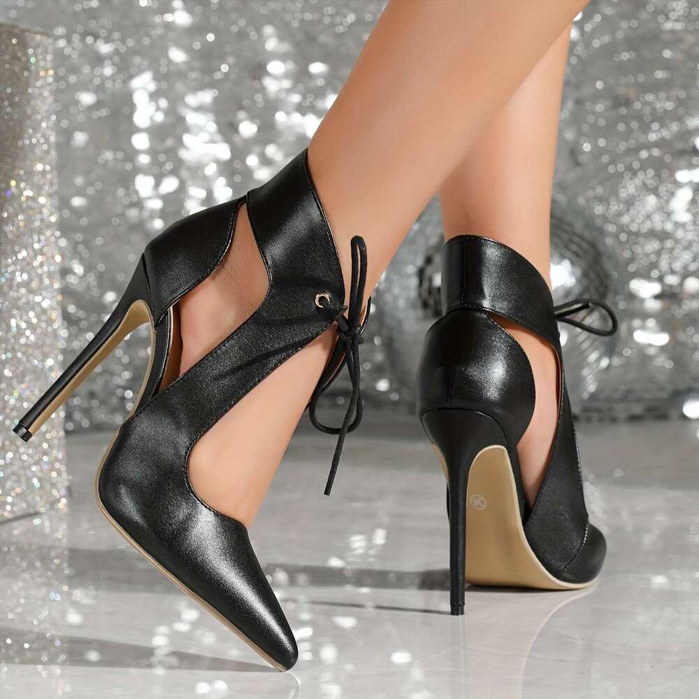 Elegant Black Lace-Up High - 12Cm Stiletto With Bow Detail, Pointed Toe, Comfortable PU Cover, Versatile Work Shoes For Women, Stylish Dressy