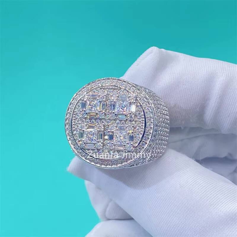 Fully Iced Out Trendy Style Personalized Baguette Moissanite Diamond 925 Sterling Silver Ring Gold Filled Rings for Men