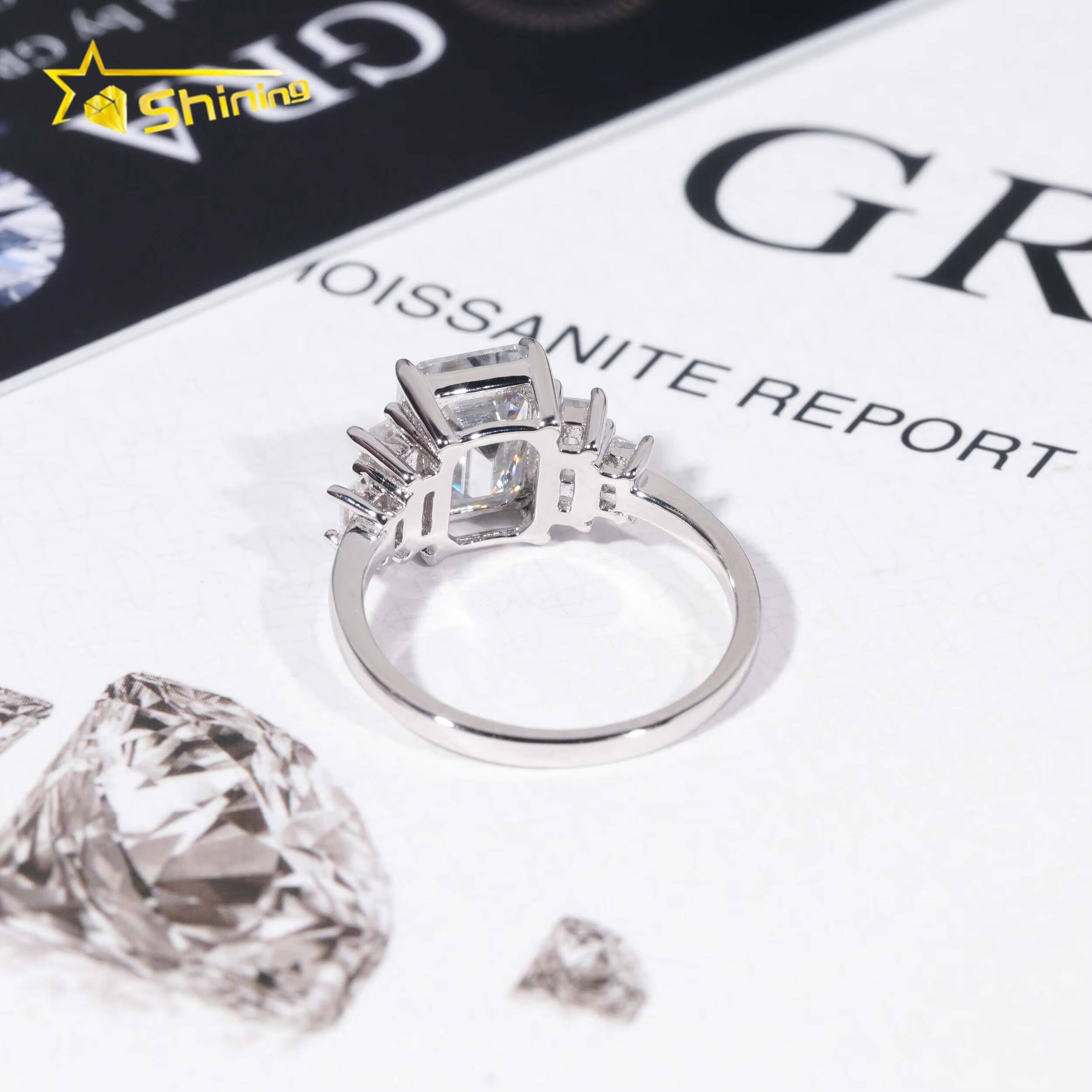 Wholesale Gold Plated Rhodium Plated Vvs Moissanite 925 Silver Diamond Emerald Cut 3ct Women Engagement Wedding Ring