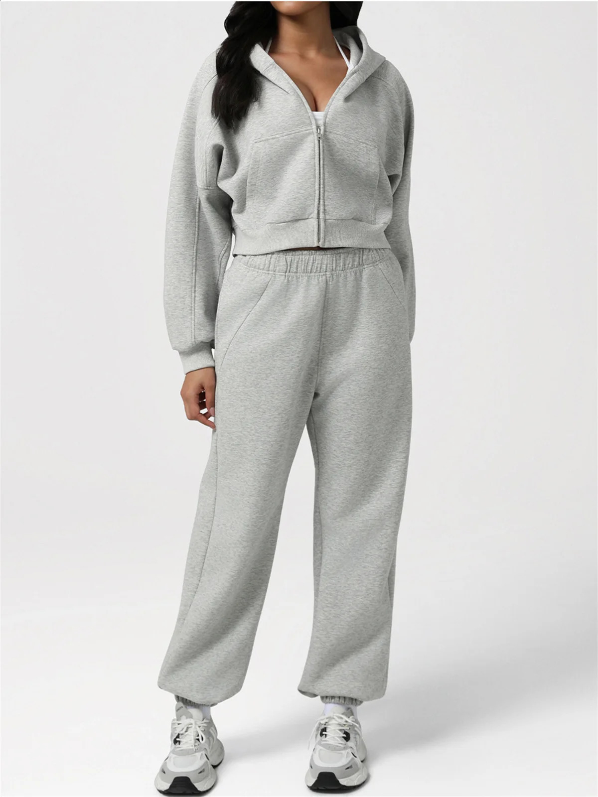 Autumn Winter Loose Fitness Sets Womens Tracksuit Long Sleeve Zipper Hoodies Jacket High Waist Pocket Sweatpants Sports Suits 251027