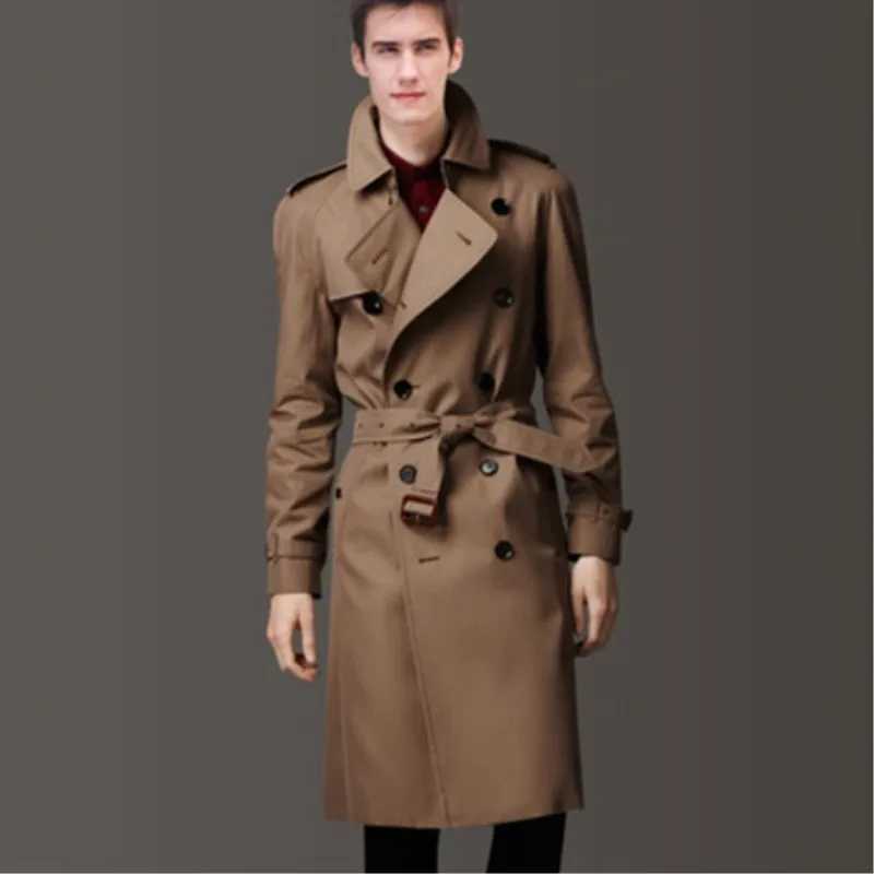 Mens MediumLong Khaki Trench Coat Single Breasted Slim Fit Monochrome 3XL Spring Autumn Wear X2510281