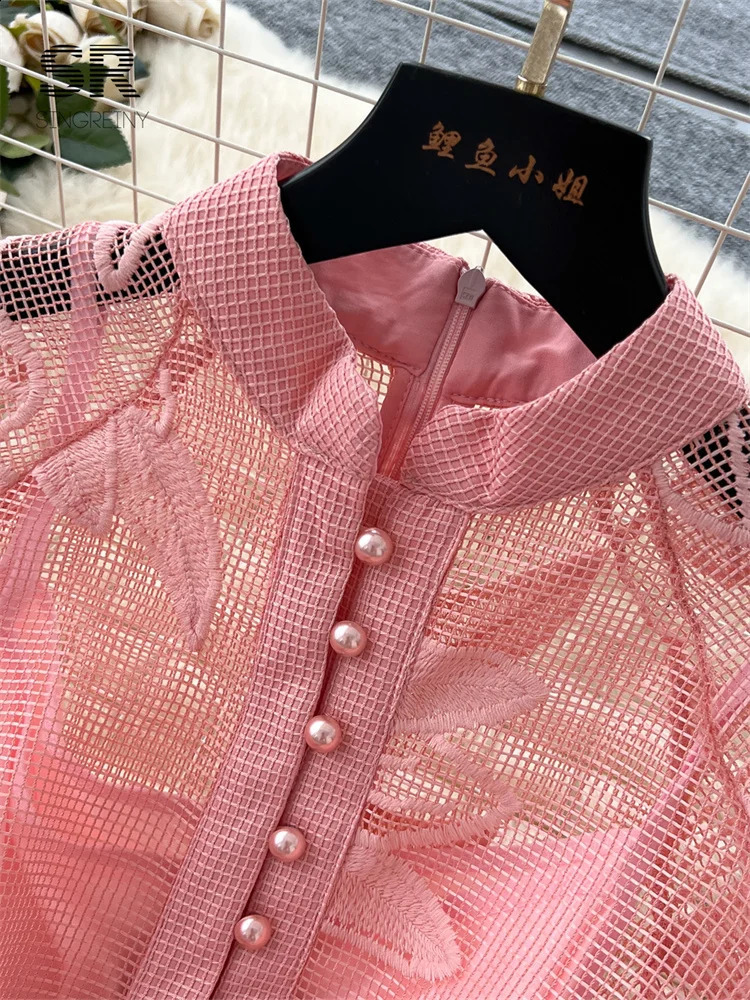 SINGREINY Women Elegant Floral Emboridery Dress Hollow Out Long Sleeve Single Breasted Belt French Court Chic Short A Line Dress 251027