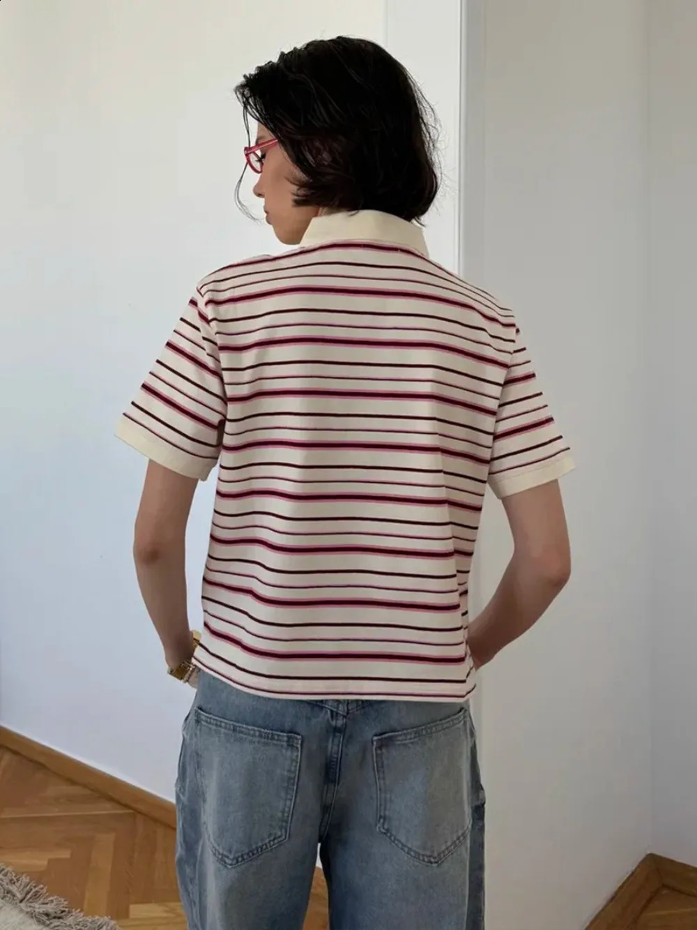 Retro Contrasting Striped Polo Shirt Spring and Summer Women Elegant College Style Casual Cotton Soft Short Sleeved Tshirt 251027