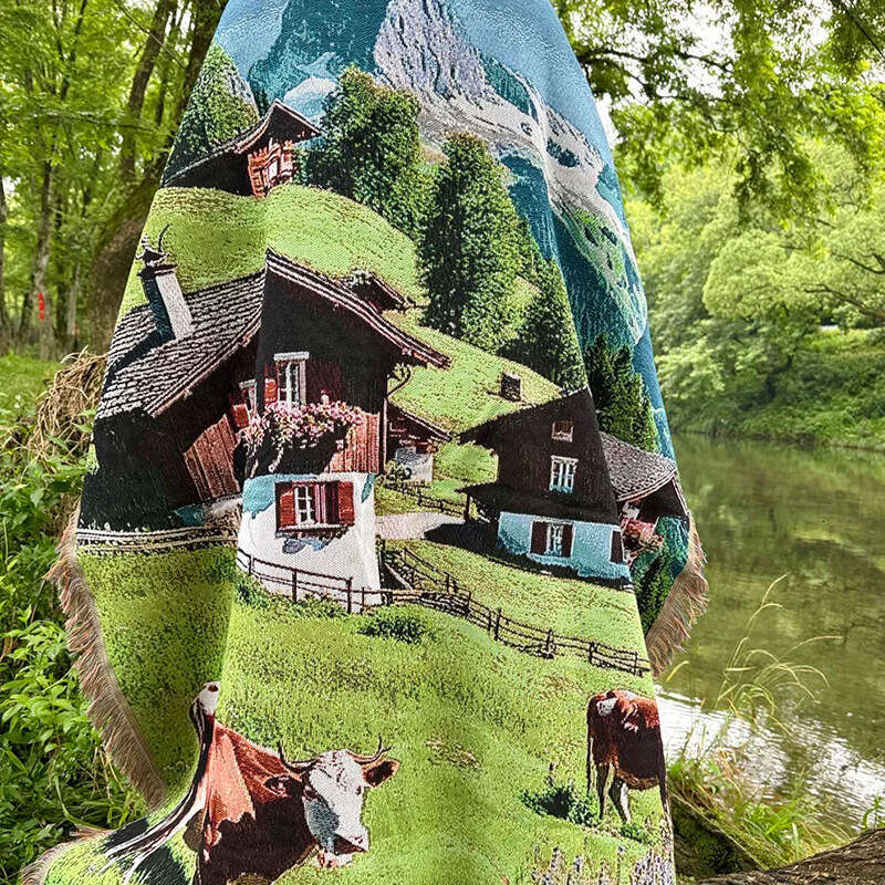 Mountain Landscape Picnic Sofa Throw Tapestry Cover Jacquard Woven Thread Blanket