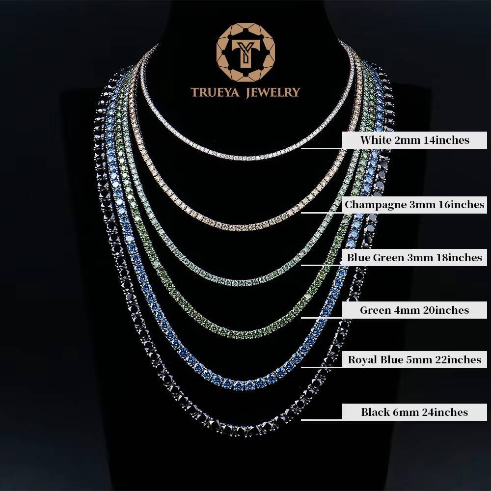 Trueya Women S925 Sterling Silver Cluster Color champagne Green Black Blue Mossanite Moissanite Diamond Tennis Chain Necklace