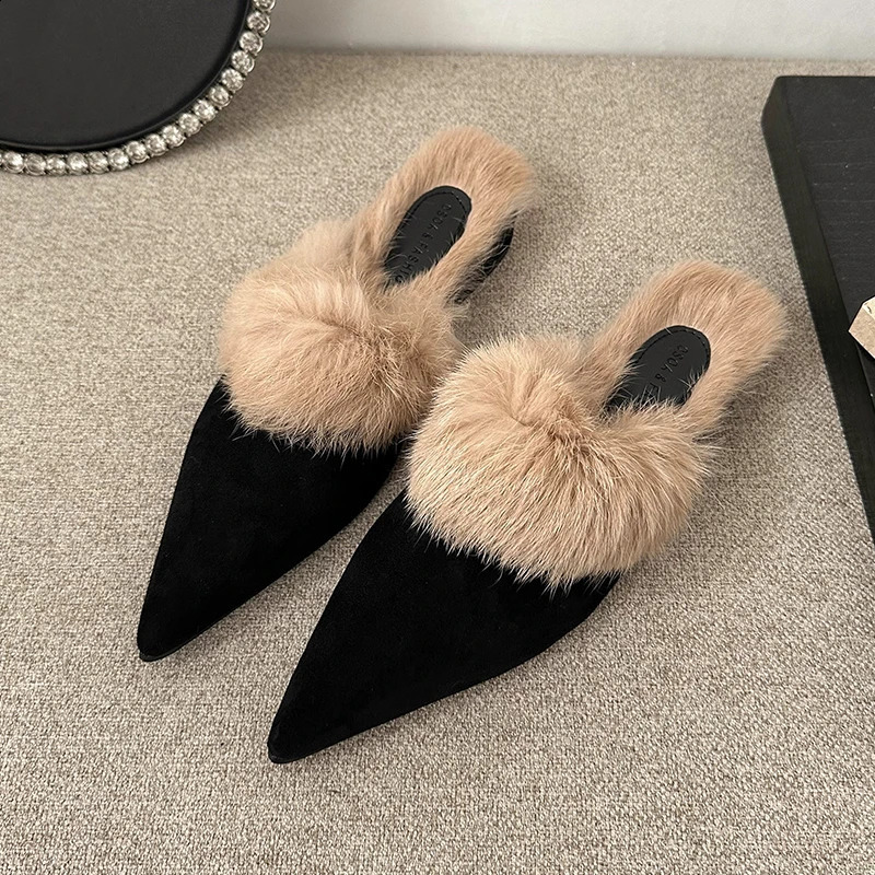 Womens Fashion Baotou Slippers Winter Pointed Head Deep Mouth Suede Antislip Wearresistant Flat Shoes 251023