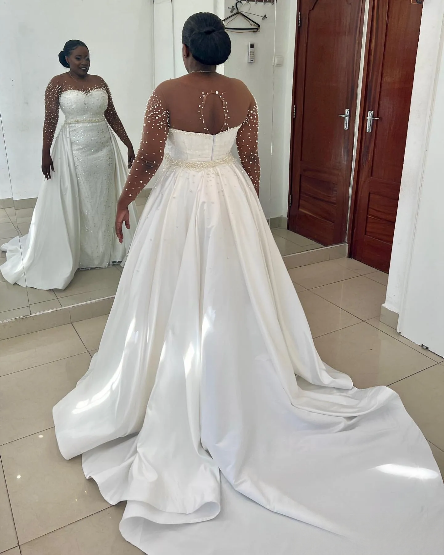 Ivory Satin Mermaid Wedding Dress with Pearls & Sequins Full Sleeves and Detachable Train