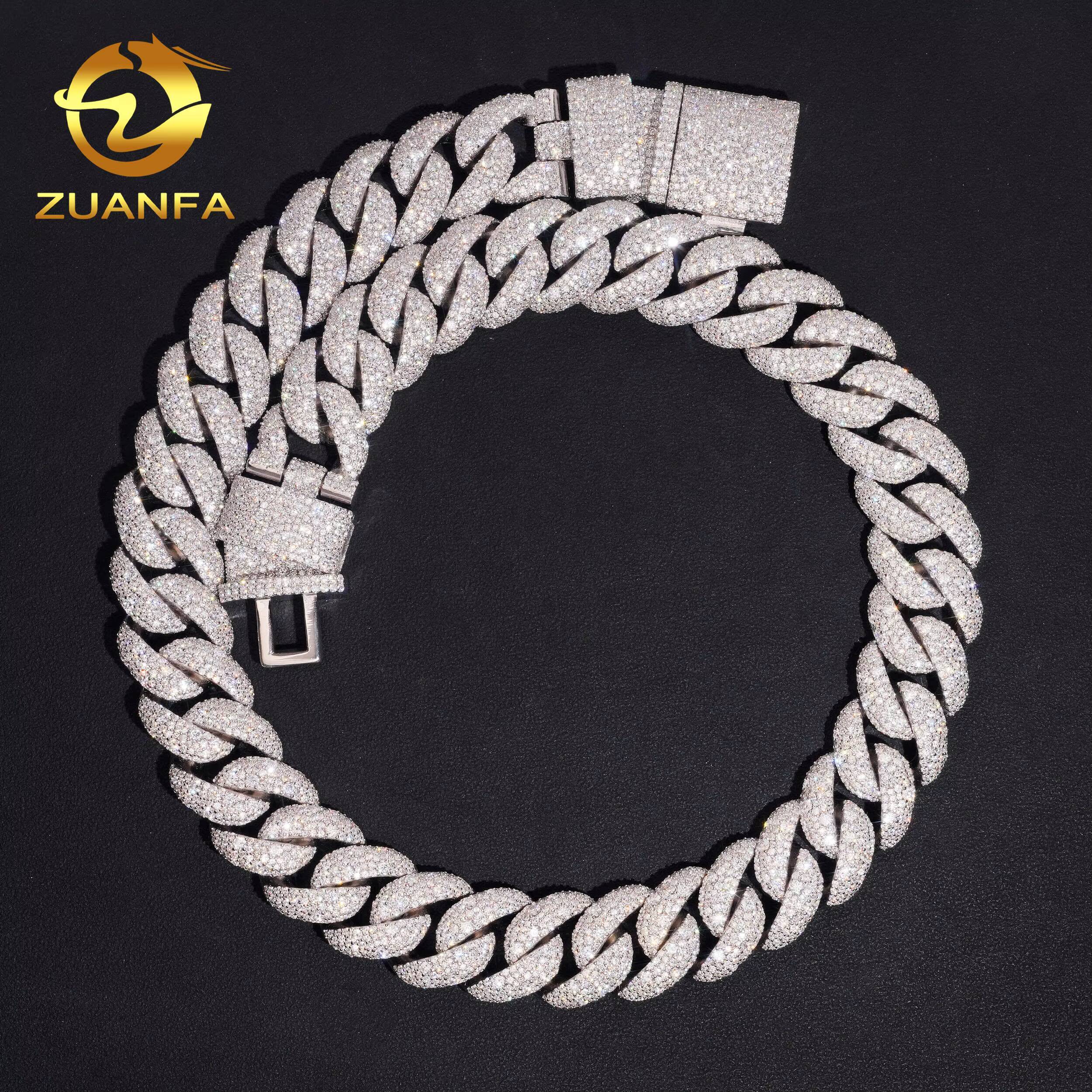 Zuanfa Jewelry Mosaic Setting 22mm Moissanite Cuban Chain GRA Certified Pass Diamond Tester 925 Silver Cuban Link Chain Necklace