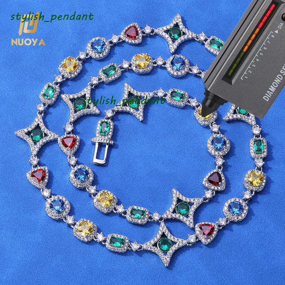 New Arrival Colorful Moissanite Chain for Women 925 Silver VVS Moissanite Geometry Motif Link Necklace Hip Hop Jewelry