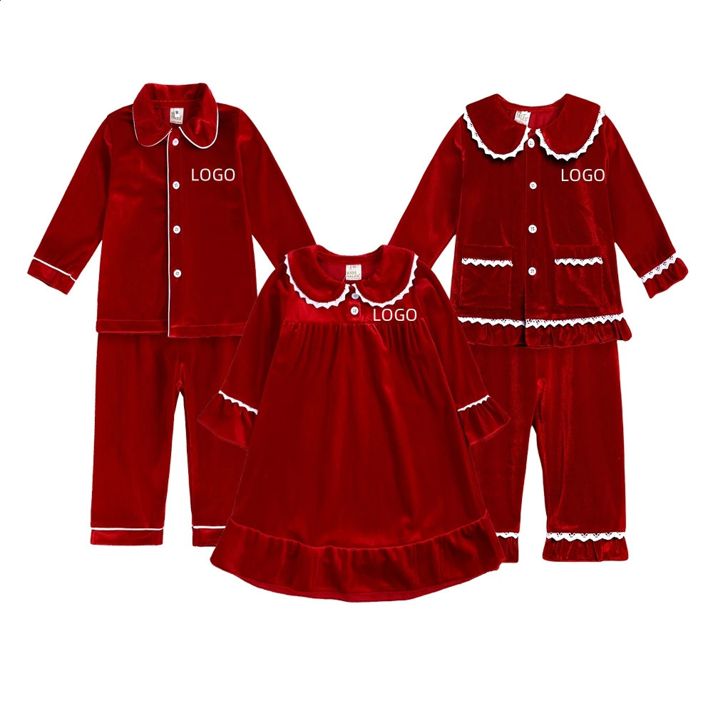 2025 Custom Kids Pajamas Christmas Children Boy Clothes Red Velvet Plaid Suit Family Match Toddler Girl Dress Xmas Sets Costume 251027