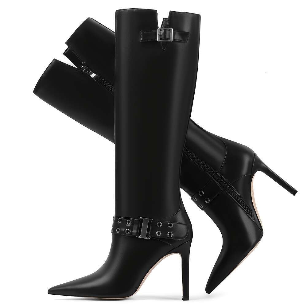 Women's Pointed Toe Knee Fashion Punk Buckle Stiletto Thin High Heels Long Boots Woman Side Zipper Party Dress Office Sexy Shoes Lady