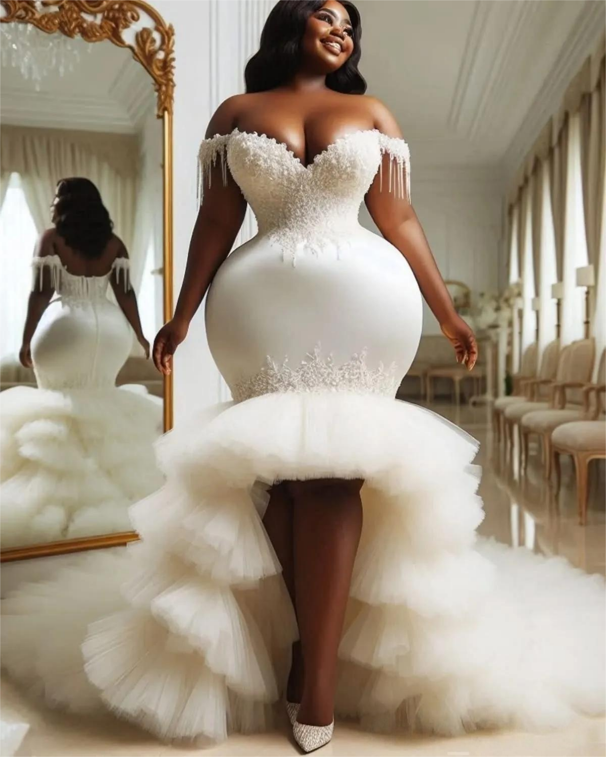 Oversize Aso Ebi Plus Size Wedding Dress in Ivory with Lace Beaded Sweetheart and Vintage Tulle