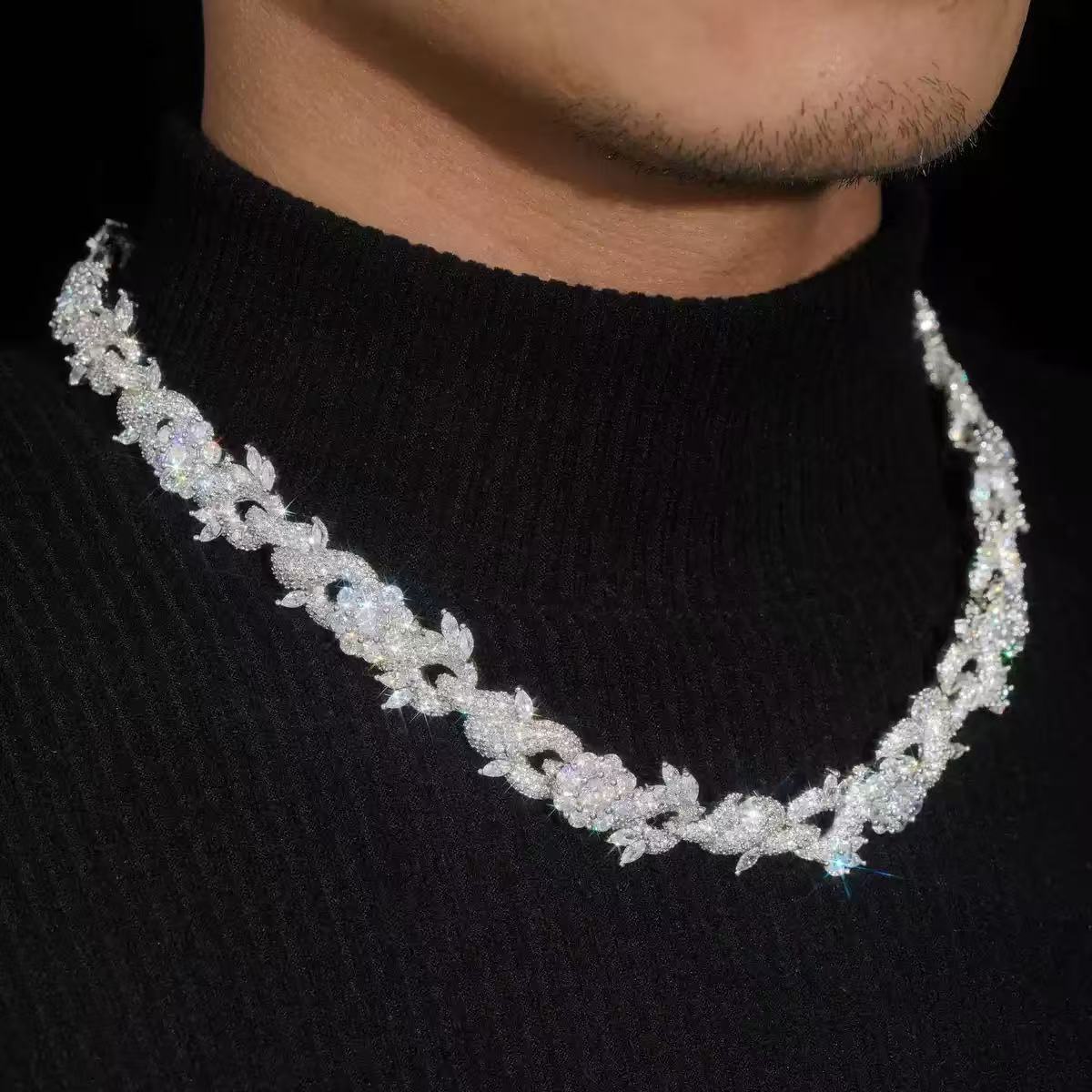 Flower Fancy Design Moissanite Cuban Chain Hip Hop Rock 925 Silver Cuban Link Chain Moissanite Cuban Bracelet