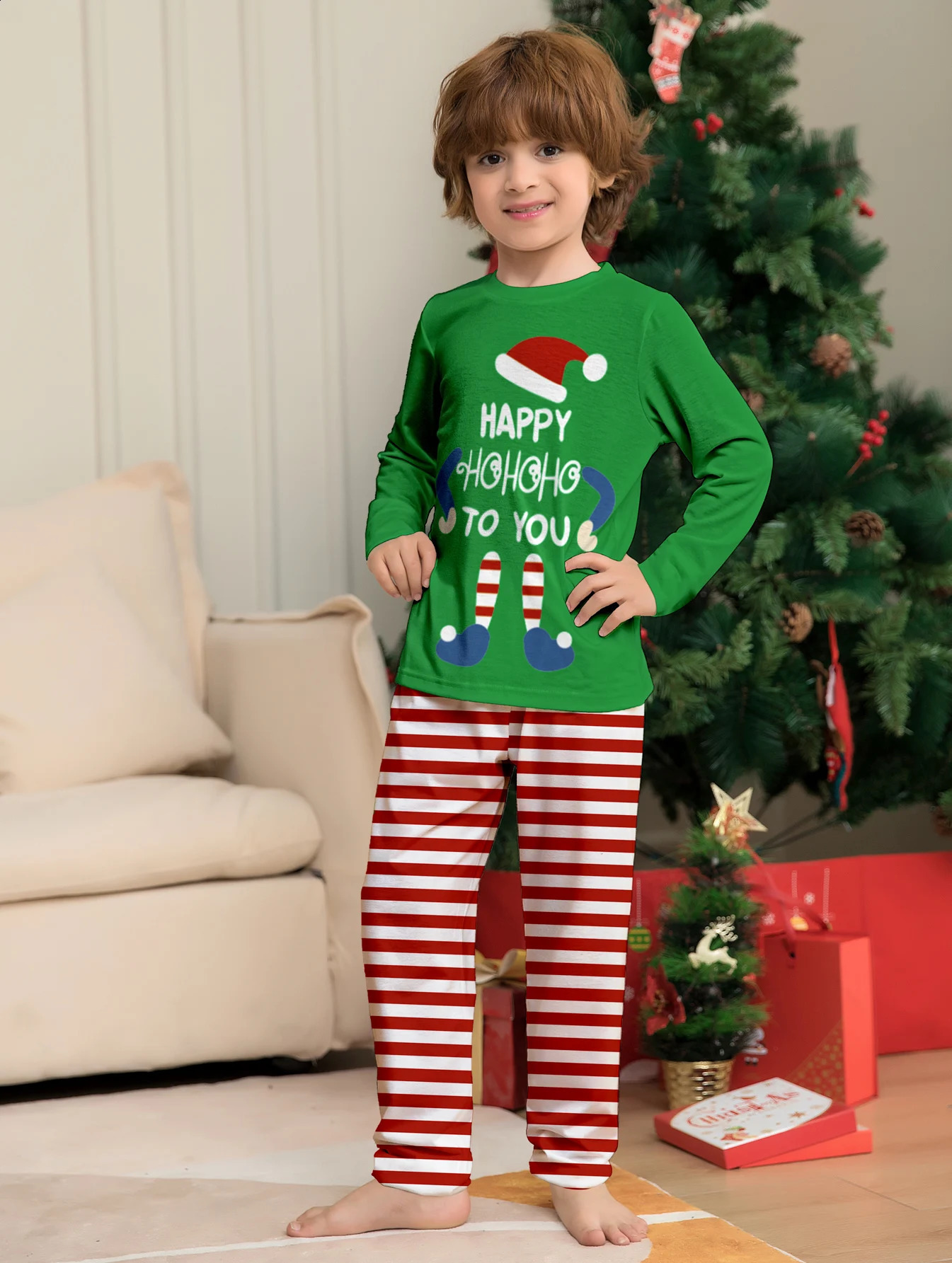 Christmas Family Sleepwear Set Elf Happy HoHoHo to You Green Top Red White Striped Pajamas for All Family Members 251027