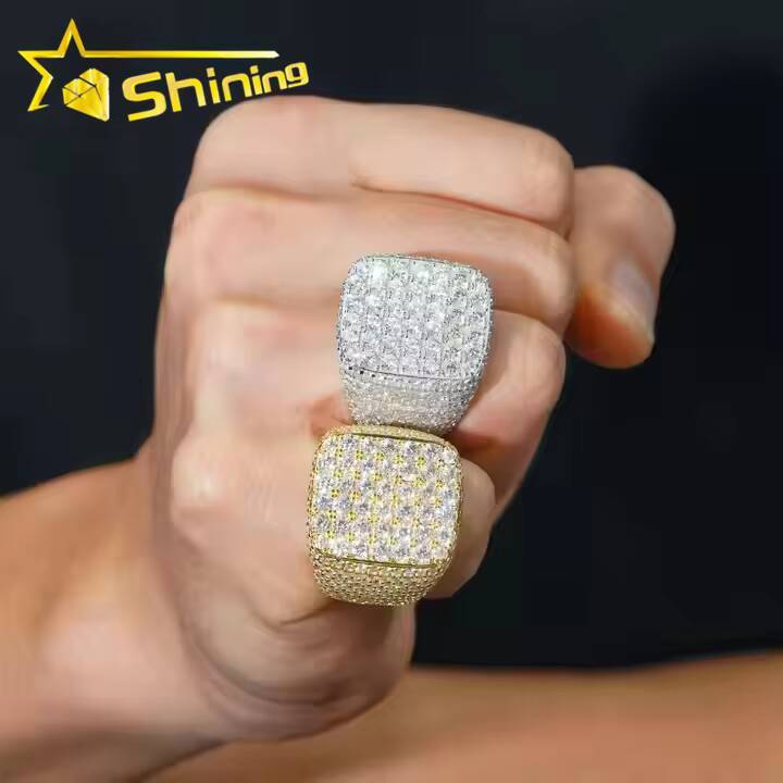 Hot Sell Luxury 925 Sterling Silver Fully Iced Out VVS Moissanite Ring Custom Hip Hop Moissanite Diamond Ring for Men