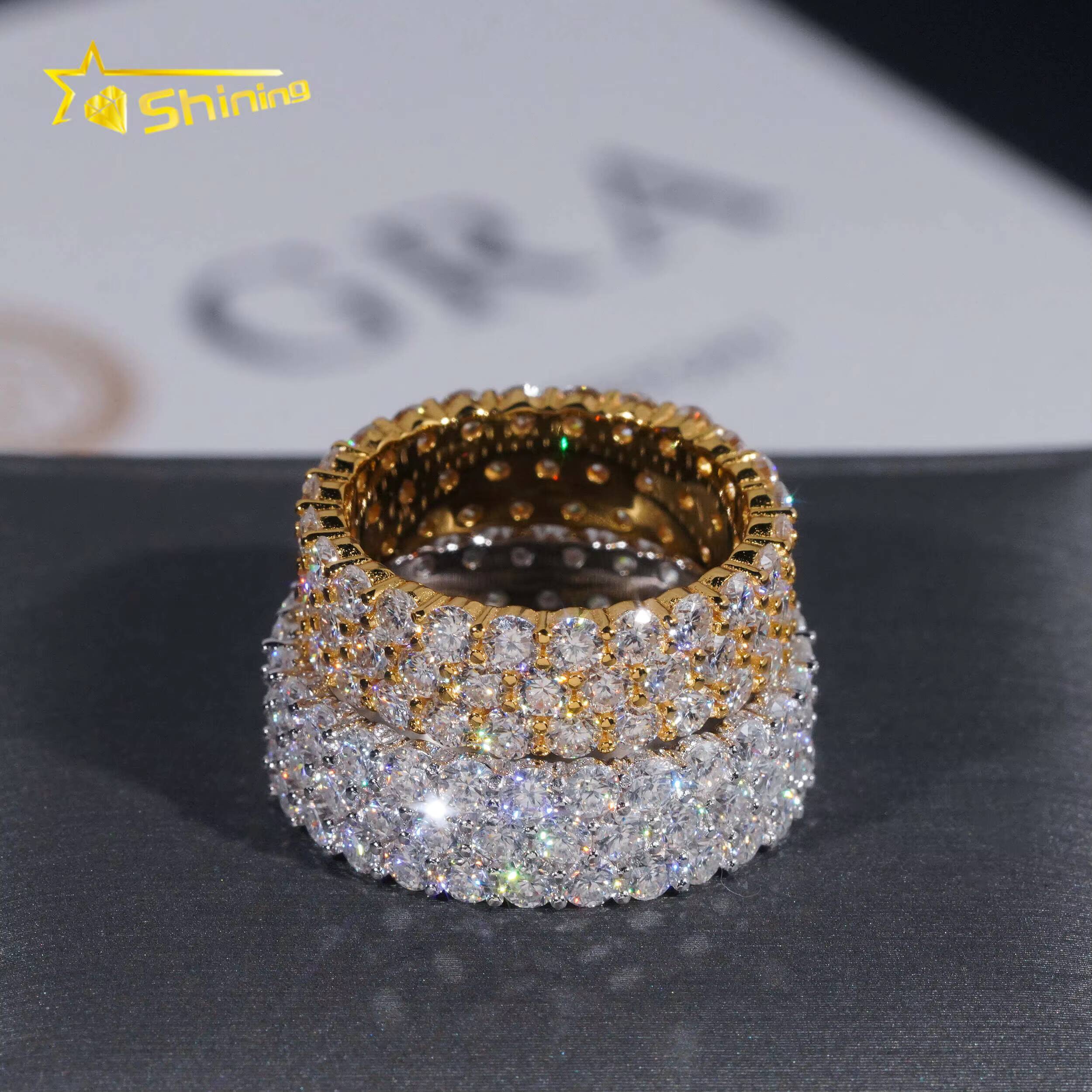 Fine Jewelry Men Hip Hop Ring Pass Diamond Tester 925 Silver Gold Plated 3 Rows VVS Iced Out Moissanite Diamond Ring