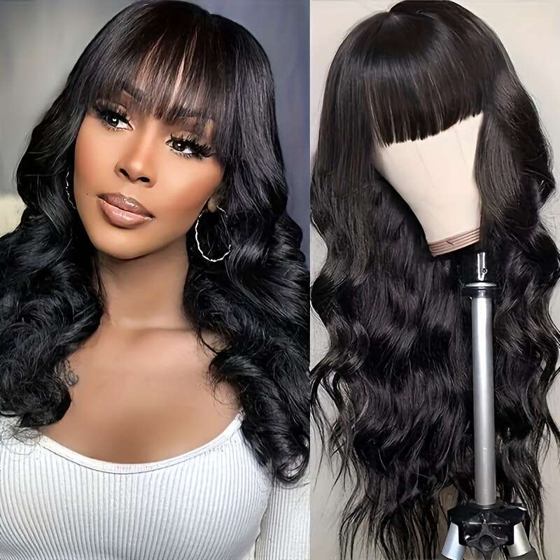 Glueless Shor Bob Wig Wih Bangs, Body Wave Human Brazilian Unprocessed Virgin Hair, Naural Color Non-Lace Fron -New Year, Birhday &Valenine&Apos;S Day