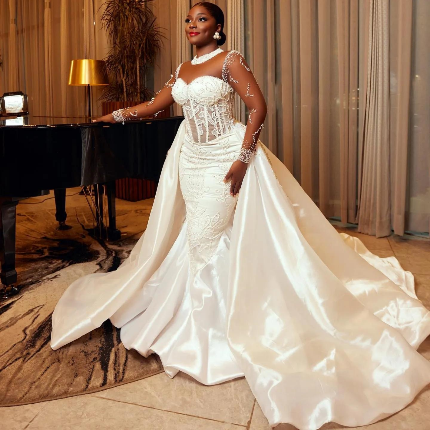 Arabic Aso Ebi Plus Size Mermaid Wedding Dress in Ivory with Lace Beaded Crystals and Detachable Train