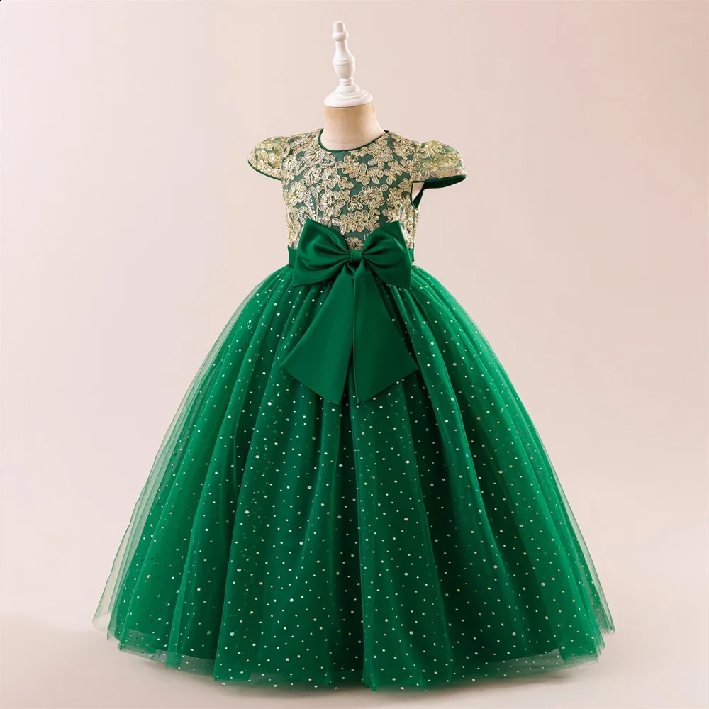 Girls Flower Embroidery Party Dress Kids Big Bow Long Wedding Bridesmaid Prom Gown Girl Fashion Lace Birthday Clothes Costumes 251023