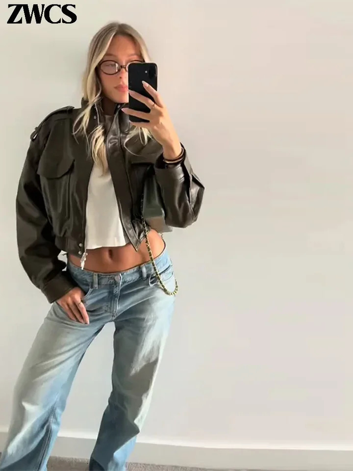 Vintage Zippers Short Leather Jackets Womens Casual Lapel Button Pockets Full Sleeve Coat 2025 Autumn Lady Chic Streetwear 251029