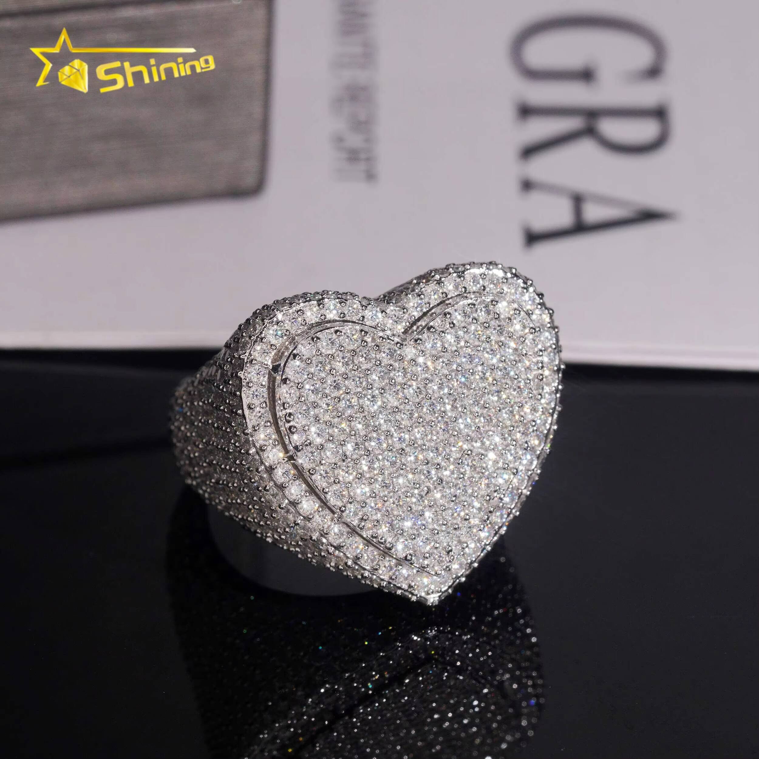 Heart ShapeIced Out Moissanite Ring GRA Pass Diamond Test 925 Sterling Silver Gold Plated Hip Hop Mens Rings
