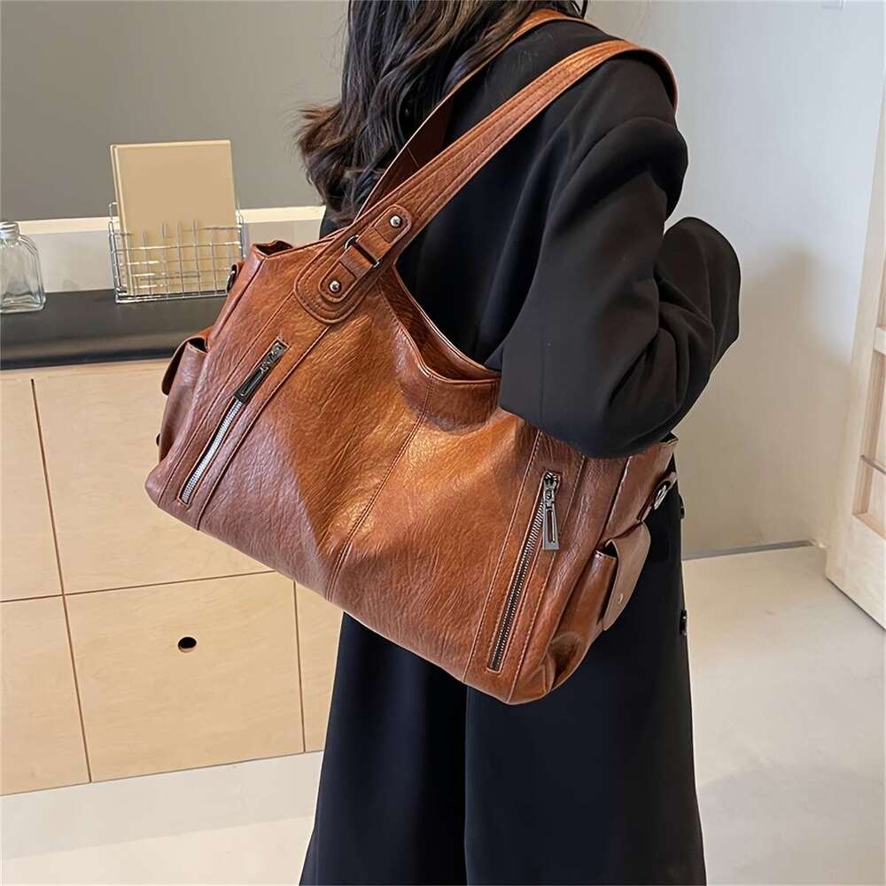 2025 New Women Large Capacity Tote Bag With Adjustable Strap, Multiple Zippered Compartments Front Pocket Brown, Versatile Commuter