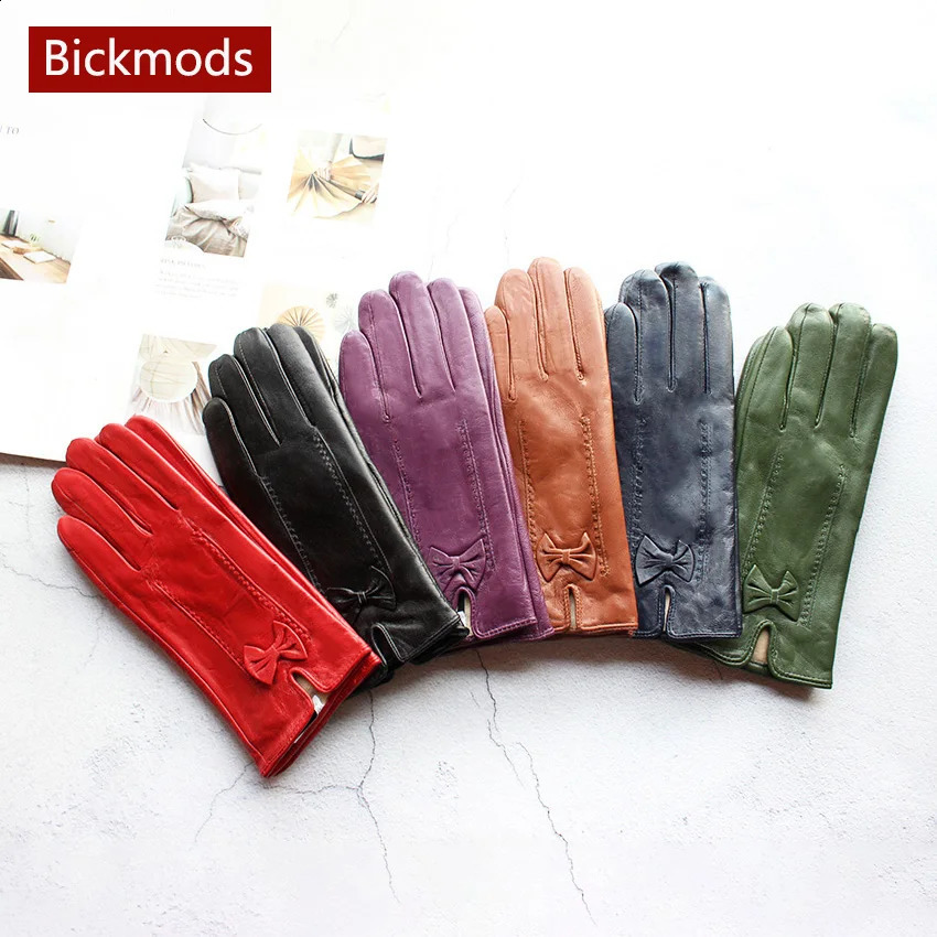 Colored Leather Gloves Womens Simple Fashion Striped Style Velvet Lining Autumn and Winter Warm Outdoor Sheepskin Finger Gloves 251027