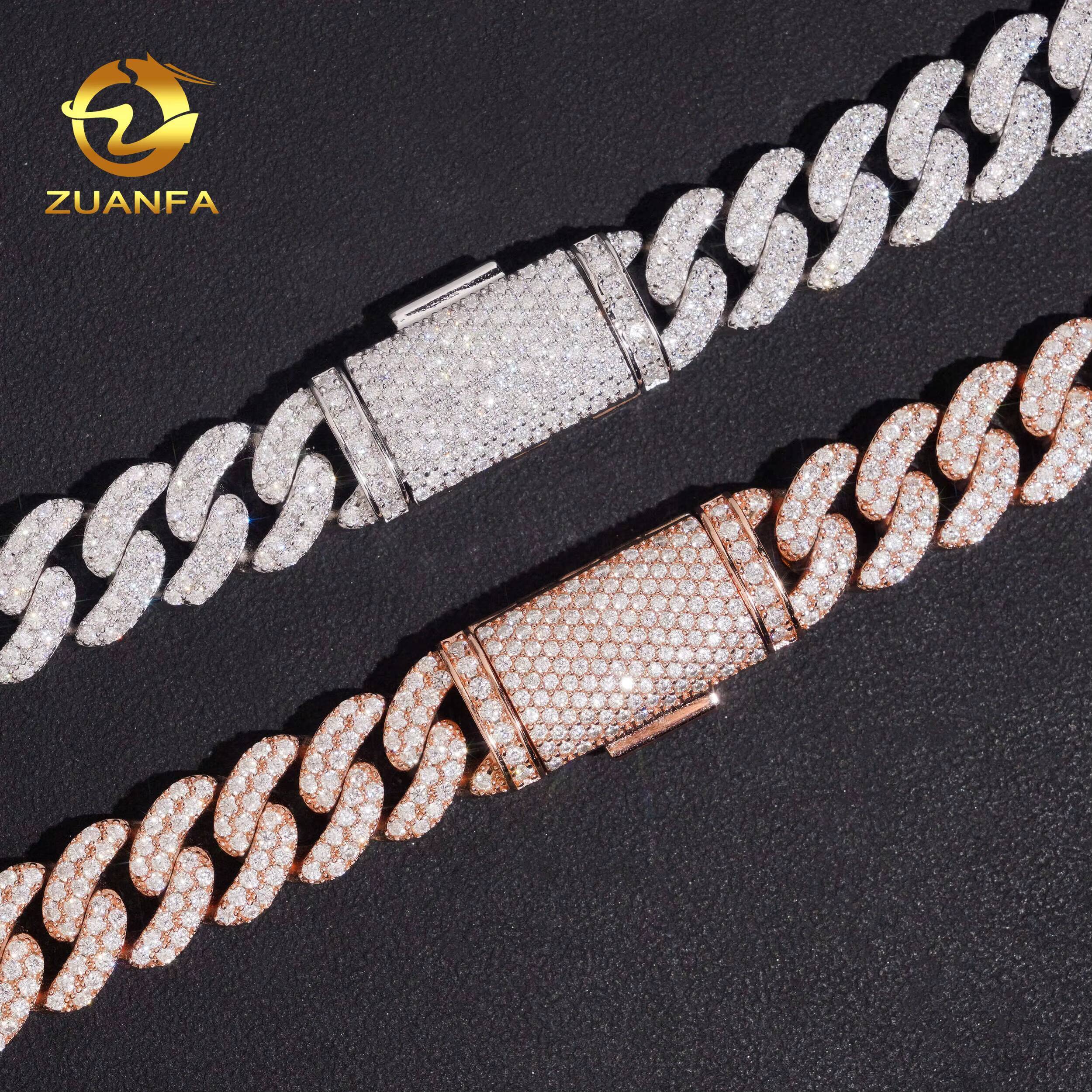 Hip Hop Jewelry 13mm 2 Rows Moissanite Cuban Link Chain 925 Silver Iced Out Moissanite Cuban Chain for Men