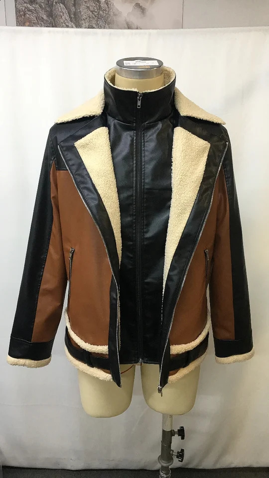 Mens Warm Contrast Color Leather Coat Winter Faux Fur Lined Stand Collar Long Sleeve Jacket Vintage Biker Style Oute 251027