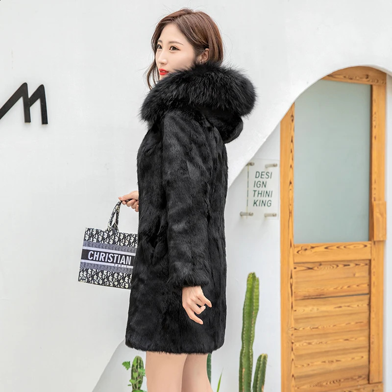 Winter Natural Fur Full Pelt Rabbit Fur Coat with Fox Fur Hooded Collar Women Fox Fur Jacket Customize Big Size 251027