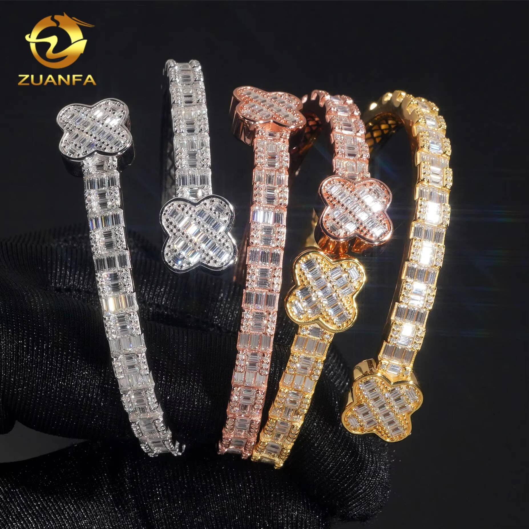 925 Sterling Silver Iced Out Hip Hop Jewelry VVS Moissanite Diamond Four Leaf Clover Bracelet Bangle Men