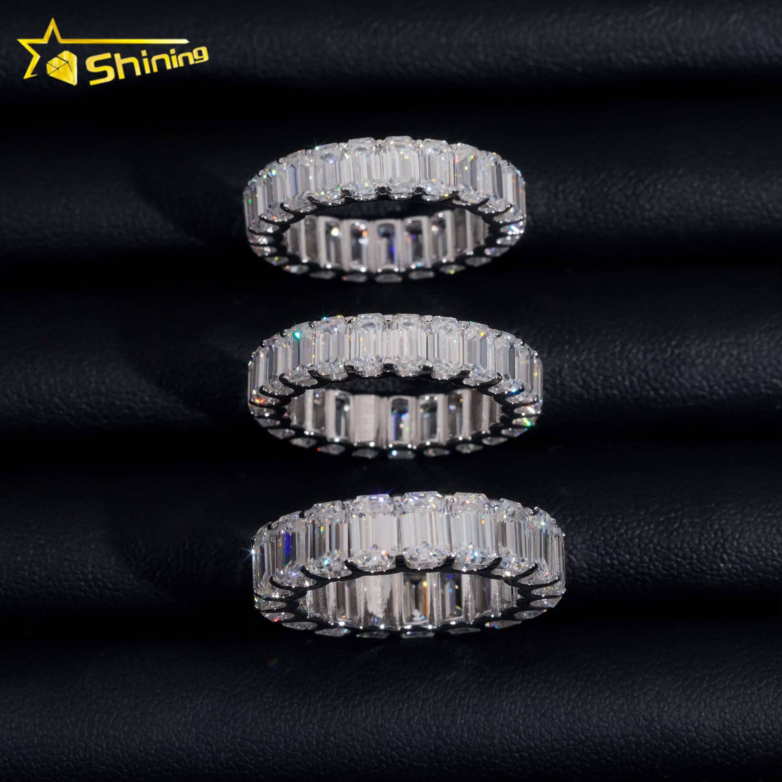 Classic Pass Tester Hip Hop Fine Jewelry 925 Sterling Silver Fully Iced Eternity Emerald Cut Band Ring Moissanite Iced Out Ring