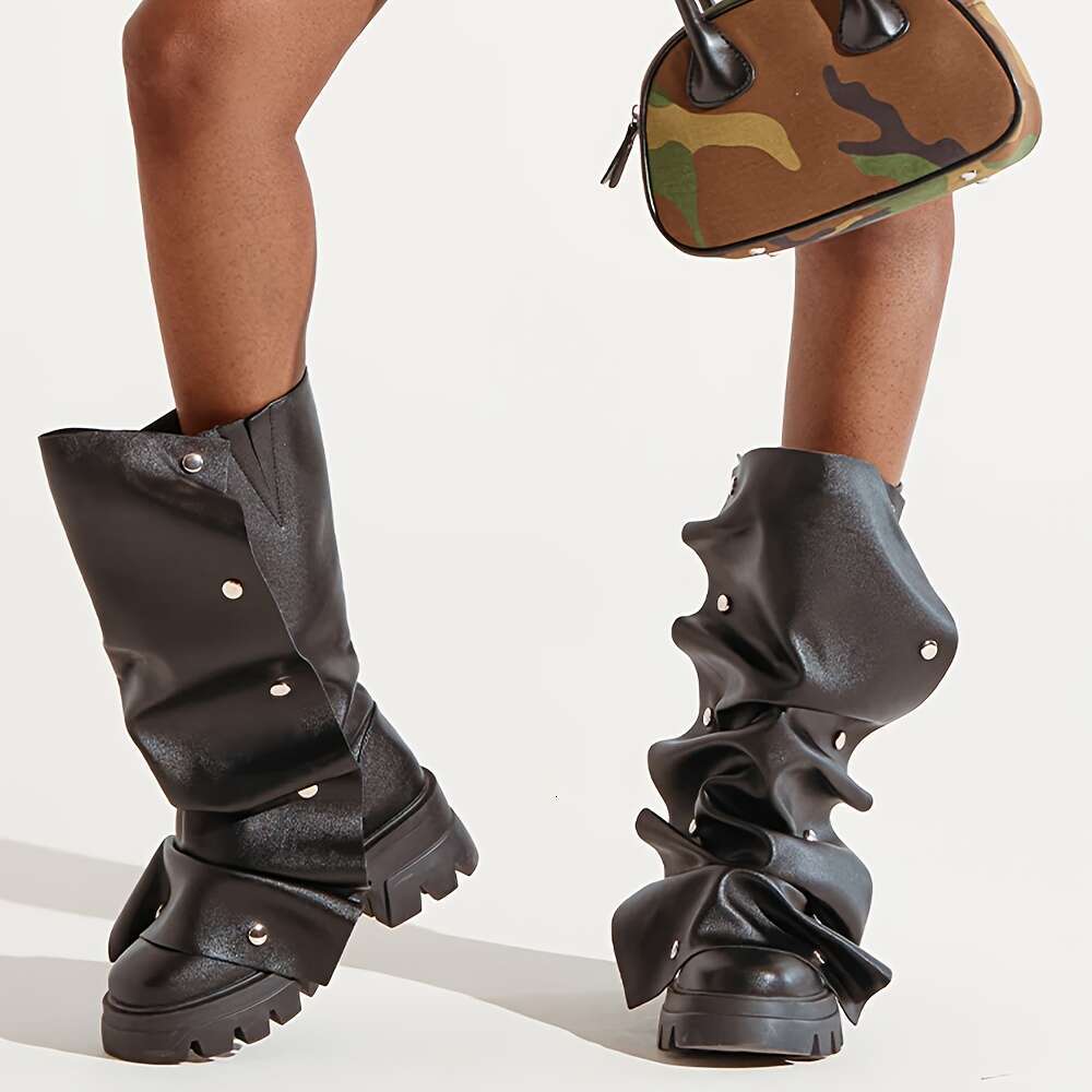 Trendy Women's PU Cover Pleated Loose Round Toe Pull-On Mid-Calf Platform With Thick Rubber Sole - Winter Nightclub Party Boots For Dresses, Soli