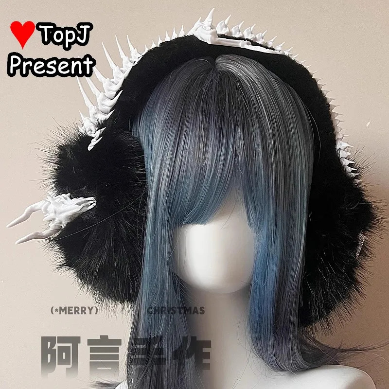 Punk Dark Women Y2K girl Harajuku Gothic Lolita cosplay skeleton cross ear warmer Furry Colored headband Earmuff Earmuffs 251024
