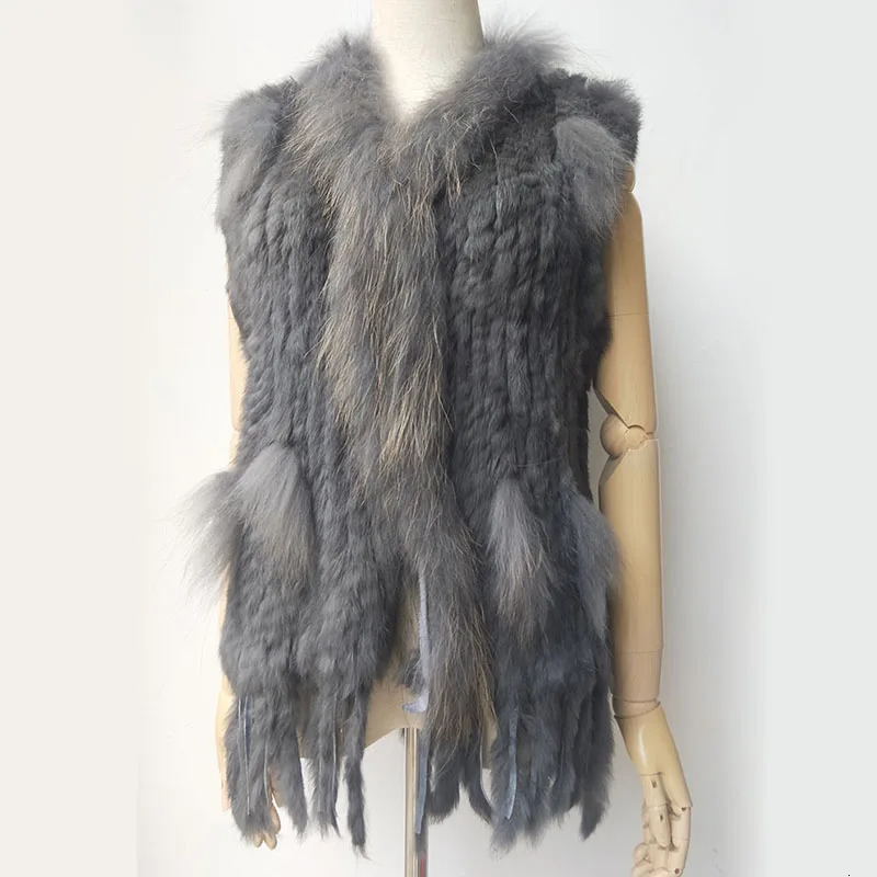 Natural Real Rabbit Fur Knitted Vest With Tassel Genuine Fur Warm Sleeveless Women Fur Gilet With Real Raccoon Fur Trimming 251027