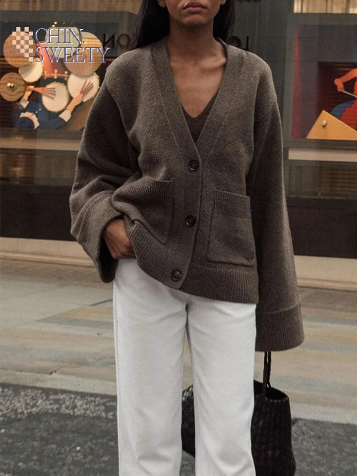 Autumn Womens Cropped Cardigans Vneck Knitted Sweater Coat Long Sleeve With Pocket Casual Streetwear 2025 Outwear Fashion 251015