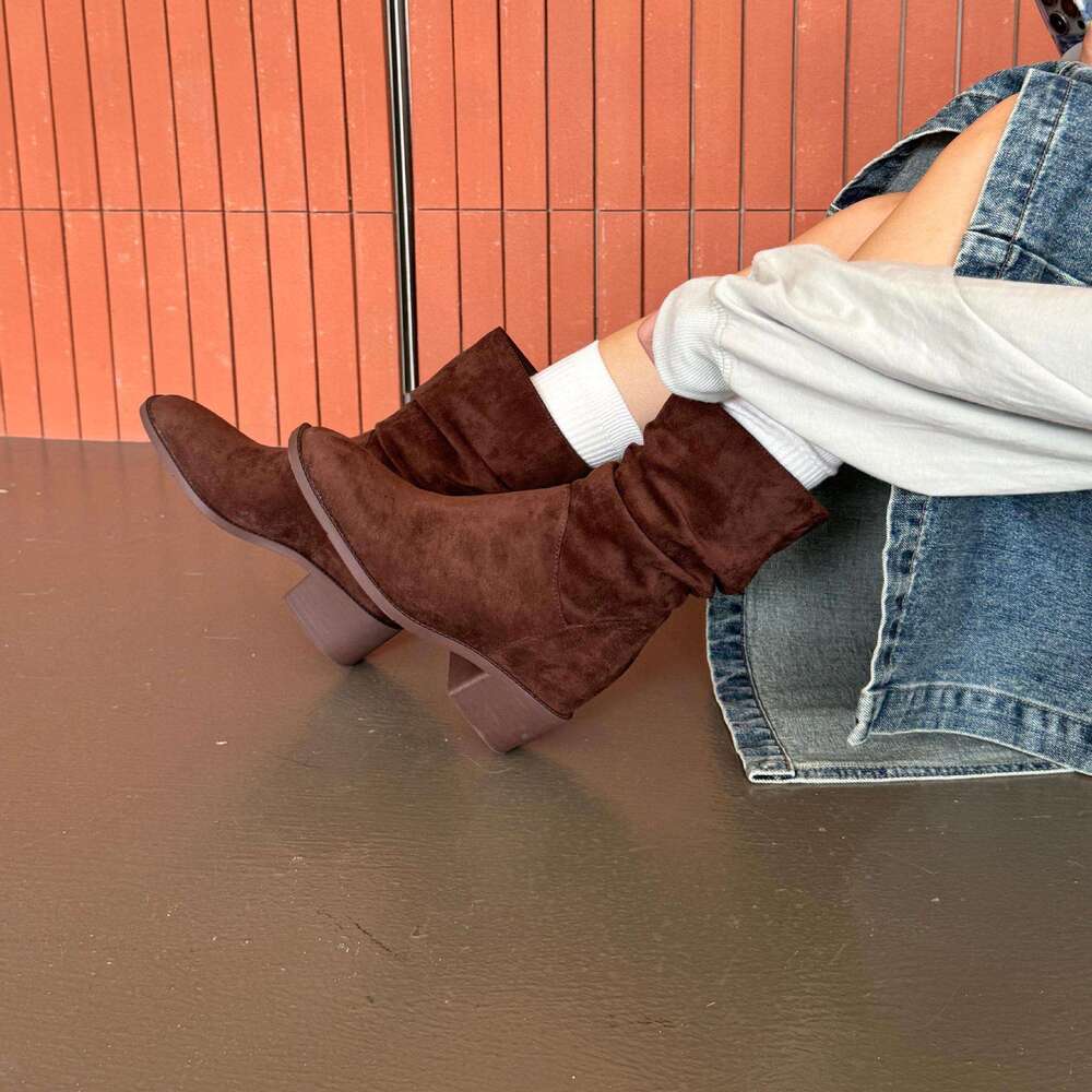 2025 Autumn Winter New Korean Style Boots - Women's Designer Frosted Leather Chunky Mid-Heel, Comfortable Slouchy Short Fashion Boots