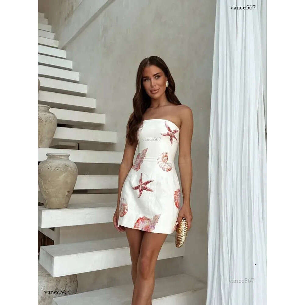 Summer Women Sea Star Shell Print Mini Dress Fashion Backless Sleeveless High Waist Vestidos 2025 Lady Beach Party Dresses 250311